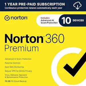 Norton 360 Premium 2026 Ready, Antivirus software for 10 Devices with Auto-Renewal – Includes Advanced AI Scam Protection, VPN, Dark Web Monitoring & PC Cloud Backup