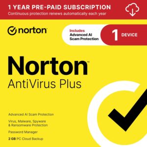 Norton AntiVirus Plus 2026 Ready, Antivirus software for 1 Device with Auto-Renewal – Includes Advanced AI Scam Protection, Password Manager and PC Cloud Backup