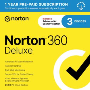 Norton 360 Deluxe 2026 Ready, Antivirus software for 3 Devices with Auto-Renewal – Includes Advanced AI Scam Protection, VPN, Dark Web Monitoring & PC Cloud Backup