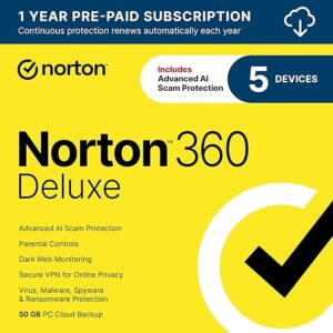 Norton 360 Deluxe 2026 Ready, Antivirus software for 5 Devices with Auto-Renewal – Includes Advanced AI Scam Protection, VPN, Dark Web Monitoring & PC Cloud Backup